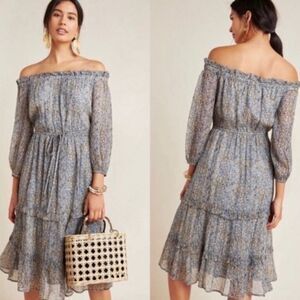 NWT Anthropologie Kira off shoulder dress blue floral women’s‎ petite size 12